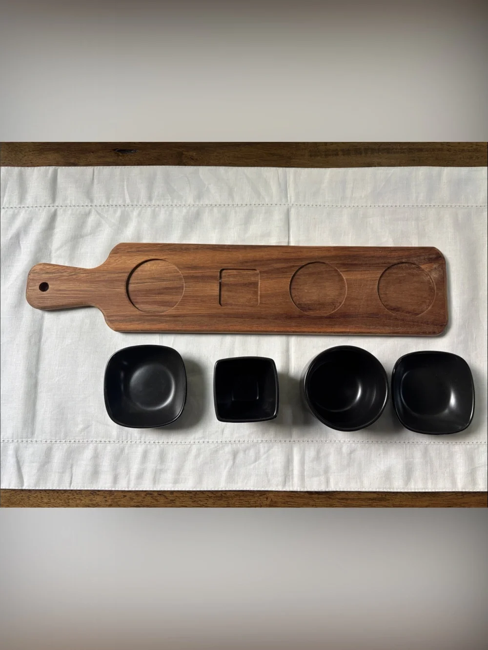 Black Appetizer Set- 4 Bowls with Wooden Tray